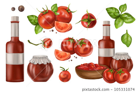 Vegetable set of ripe red tomatoes, basil leaves, pepper, glass bottles with red sauce. Farmer's harvest from the garden of organic plants. Fresh food for healthy diet. Digital isolated illustration. 105331074