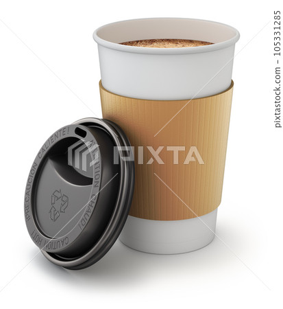 Open take-out coffee in thermo cup with the lid - 3D illustration Open take-out coffee in thermo cup with the lid - 3D illustration 105331285