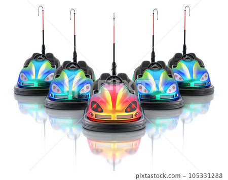 Leadership concept with electric bumper cars over white reflective background - 3d illustration Leadership concept with electric bumper cars over white reflective background - 3d illustration 105331288