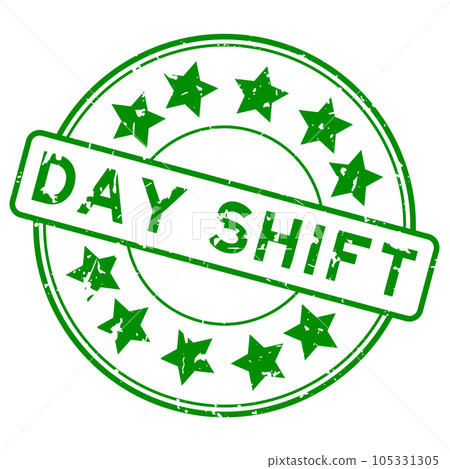 Grunge green day shift word with star icon round rubber seal stamp on white background 105331305