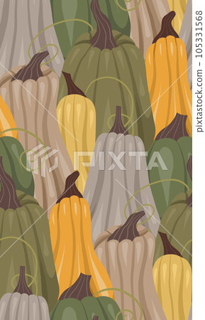 Dense pattern of pumpkins. Cozy autumn texture with ripe vegetables. Surface design with food Dense pattern of pumpkins. Cozy autumn texture with ripe vegetables. Surface design with food 105331568