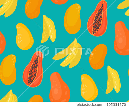 Simple vector seamless pattern with tropical fruits. Texture with mango, papaya and bananas on a turquoise background. Surface design 105331570
