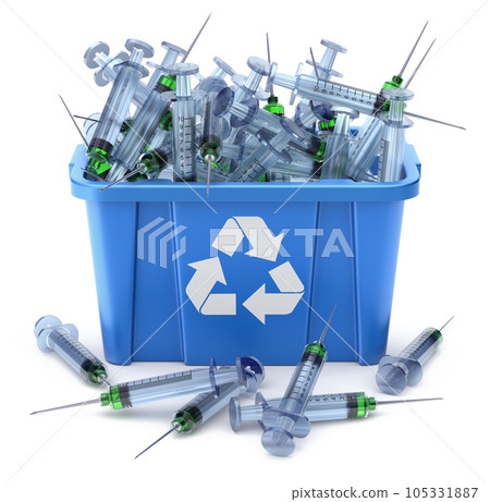 Syringes in blue recycle crate on white background - 3D illustration 105331887