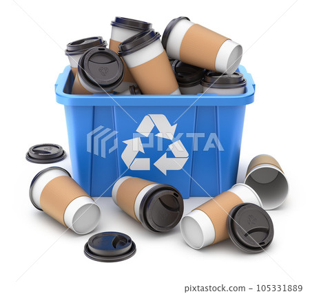 Take-out coffee cup in blue recycle crate on white background- 3D illustration Take-out coffee cup in blue recycle crate on white background- 3D illustration 105331889