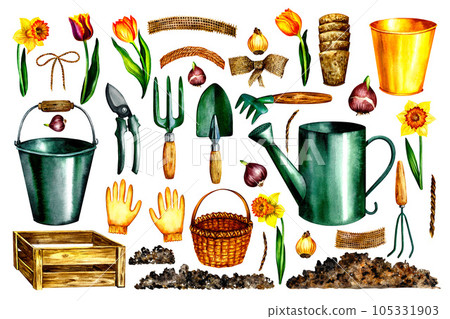 garden set. gardener's tools. watercolor illustration. For horticultural design solutions. Peat cups, earth flower bulbs garden set. gardener's tools. watercolor illustration. For horticultural design solutions. Peat cups, earth flower bulbs 105331903