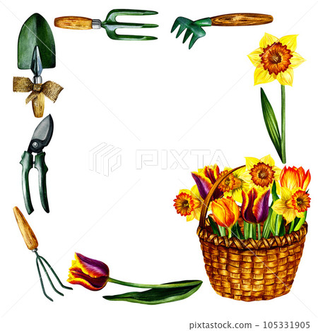 Postcard with garden frame. Gardening tools and spring flowers in a basket, on a white background. Watercolor. Postcard with garden frame. Gardening tools and spring flowers in a basket, on a white background. Watercolor. 105331905