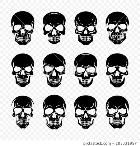 Vector Black Skull Icon Set Isolated. Skulls Collection with Outline in Front View. Hand Drawn Skull Head Design Template 105331957