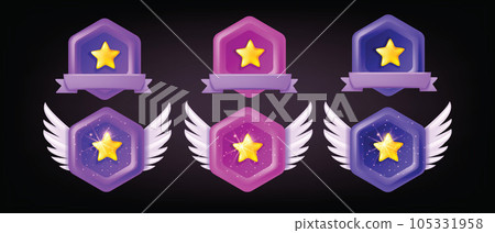 3D game badge vector level up UI icon set, certificate medal kit, victory ranking award stars wings 3D game badge vector level up UI icon set, certificate medal kit, victory ranking award stars wings 105331958