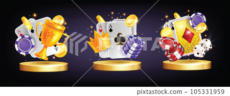 3D casino poker vector icon concept, roulette online gambling winner chip, golden podium card design 105331959