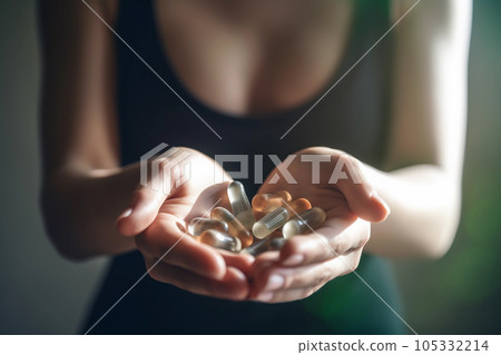 Woman Holding Colorful Pills in Dark Room. Generative Ai. Woman Holding Colorful Pills in Dark Room. Generative Ai. 105332214