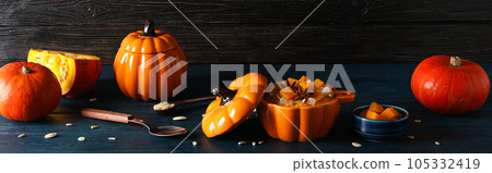 Fall season food concept - tasty pumpkin porridge Fall season food concept - tasty pumpkin porridge 105332419
