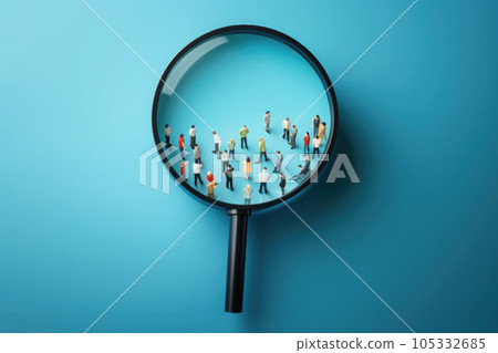 Magnifier looking for people on blue background. Generative AI 105332685