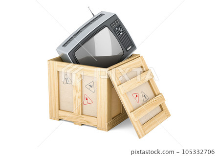 Retro TV set inside wooden box, delivery concept. 3D rendering 105332706