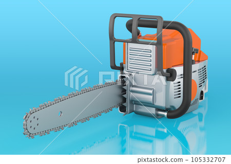 Chainsaw on blue backdrop, 3D rendering 105332707