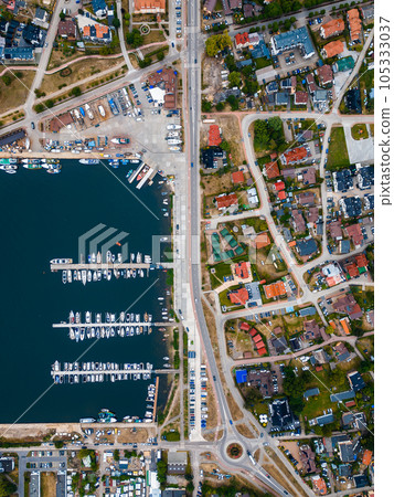 port and harbor with yachts and ships of Polish village Jastarnia, aerial view port and harbor with yachts and ships of Polish village Jastarnia, aerial view 105333037