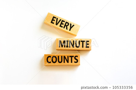 Every minute counts symbol. Concept words Every minute counts on wooden blocks on a beautiful white table white background. Business, motivational and every minute counts concept. 105333356