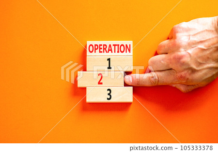 Time to operation 2 symbol. Concept word Operation 1 2 3 on wooden block. Businessman hand. Beautiful orange table orange background. Business planning and time to operation 2 concept. Copy space. Time to operation 2 symbol. Concept word Operation 1 2 3 on wooden block. Businessman hand. Beautiful orange table orange background. Business planning and time to operation 2 concept. Copy space. 105333378