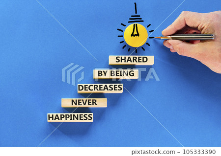 Happiness symbol. Concept words Happiness never decreases by being shared on wooden block. Businessman hand. Beautiful blue table blue background Motivational Happiness concept. Copy space. Happiness symbol. Concept words Happiness never decreases by being shared on wooden block. Businessman hand. Beautiful blue table blue background Motivational Happiness concept. Copy space. 105333390