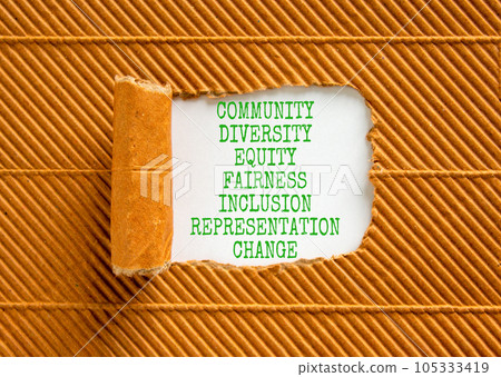 Diversity inclusion symbol. Concept words Community Diversity Equity Fairness Inclusion Representation Change on beautiful white paper on beautiful brown background. Diversity equity inclusion concept 105333419