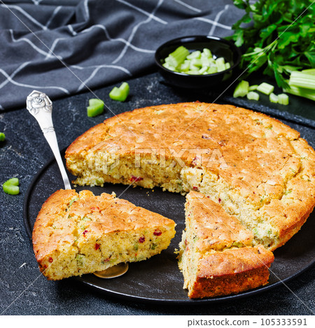 Red pepper Cheddar Celery Cornbread, top view Red pepper Cheddar Celery Cornbread, top view 105333591