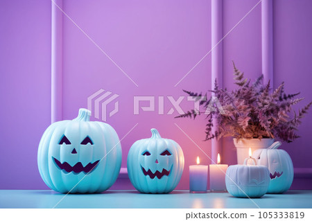 Interior of the house decorated for Halloween in pastel colors. Pumpkins and candles. AI generated 105333819