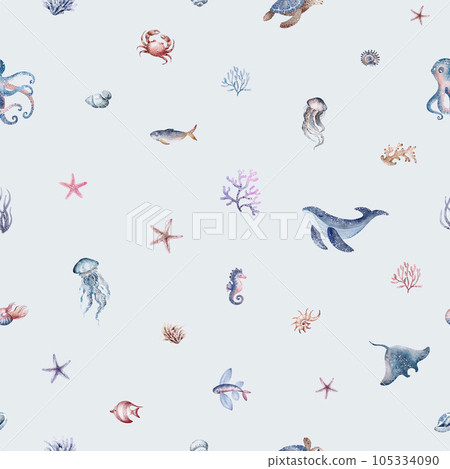 Marine seamless pattern marine animals, corals, plants, seashell, starfish, octopus, seahorse, algae, turtle. Watercolor marine background. Marine seamless pattern marine animals, corals, plants, seashell, starfish, octopus, seahorse, algae, turtle. Watercolor marine background. 105334090