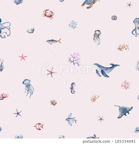 Marine seamless pattern marine animals, corals, plants, seashell, starfish, octopus, seahorse, algae, turtle. Watercolor marine background. Marine seamless pattern marine animals, corals, plants, seashell, starfish, octopus, seahorse, algae, turtle. Watercolor marine background. 105334091