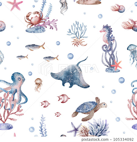 Marine seamless pattern marine animals, corals, plants, seashell, starfish, octopus, seahorse, algae, turtle. Watercolor marine background. Marine seamless pattern marine animals, corals, plants, seashell, starfish, octopus, seahorse, algae, turtle. Watercolor marine background. 105334092
