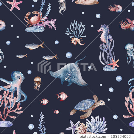Marine seamless pattern marine animals, corals, plants, seashell, starfish, octopus, seahorse, algae, turtle. Watercolor marine background. Marine seamless pattern marine animals, corals, plants, seashell, starfish, octopus, seahorse, algae, turtle. Watercolor marine background. 105334093
