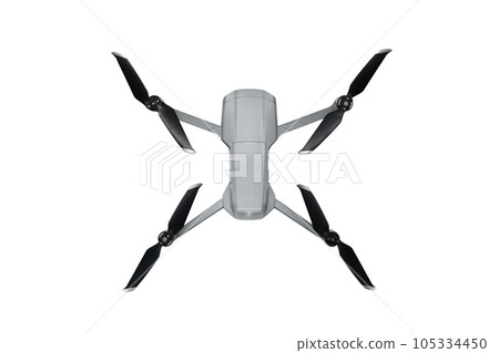 Drone isolated on white background. Aerial Drone Isolated on White Background. Flying Remote Control Air Drone. Headless Quadcopter with 4K Hasselblad Camera and Remote Control. 105334450