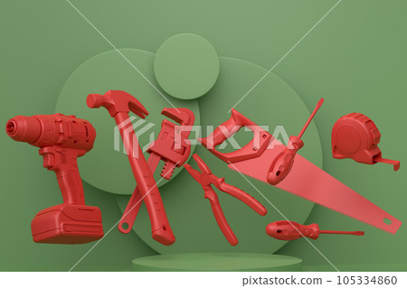 Abstract scene or podium with carpenters tools on monochrome background Abstract scene or podium with carpenters tools on monochrome background 105334860