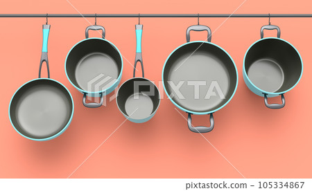 Set of stewpot, frying pan and chrome plated cookware hanging on shelf on pink 105334867