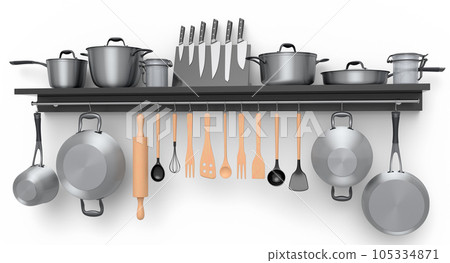 Set of kitchen utensil, stewpot, frying pan and chrome cookware hanging on shelf 105334871