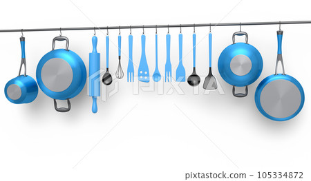 Set of kitchen utensil, stewpot, frying pan and chrome cookware hanging on shelf 105334872