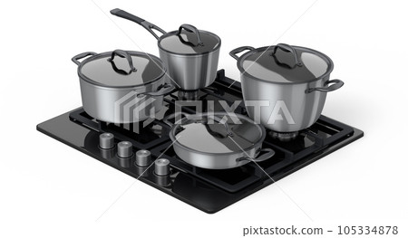 Kitchen electric stove or gas cooker with burning flames of propane gas on white 105334878