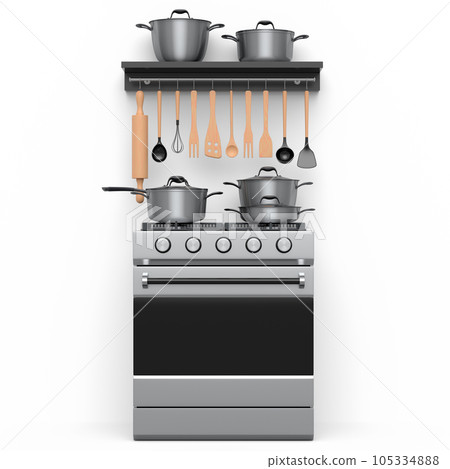 Set of kitchen utensil, stewpot, frying pan and chrome cookware hanging on shelf Set of kitchen utensil, stewpot, frying pan and chrome cookware hanging on shelf 105334888