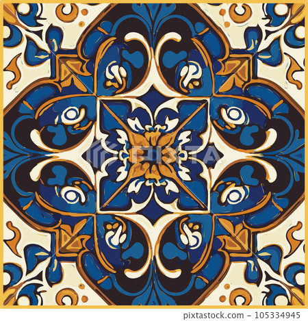 Blue Tiles Background, Old Fasion Retro Azulejo Mosaic Tile, Vintage Portuguese Wall Ceramic Seamless Pattern Blue Tiles Background, Old Fasion Retro Azulejo Mosaic Tile, Vintage Portuguese Wall Ceramic Seamless Pattern 105334945
