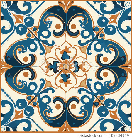 Blue Tiles Background, Old Fasion Retro Azulejo Mosaic Tile, Vintage Portuguese Wall Ceramic Seamless Pattern Blue Tiles Background, Old Fasion Retro Azulejo Mosaic Tile, Vintage Portuguese Wall Ceramic Seamless Pattern 105334949