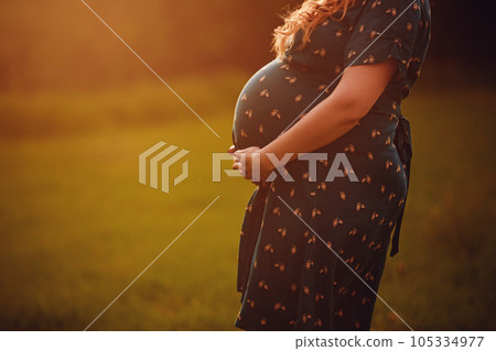 Silhouette of a pregnant woman in a beautiful dress on a light background. Focus on the abdomen. Silhouette of a pregnant woman in a beautiful dress on a light background. Focus on the abdomen. 105334977