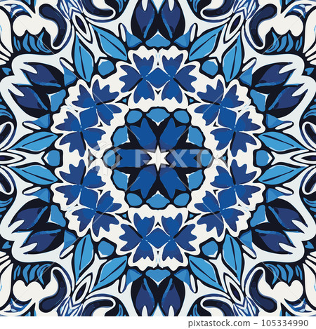 Blue Tiles Background, Old Fasion Retro Azulejo Mosaic Tile, Vintage Portuguese Wall Ceramic Seamless Pattern Blue Tiles Background, Old Fasion Retro Azulejo Mosaic Tile, Vintage Portuguese Wall Ceramic Seamless Pattern 105334990