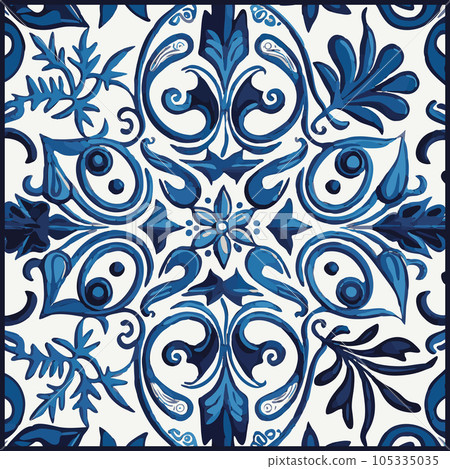 Blue Tiles Background, Old Fasion Retro Azulejo Mosaic Tile, Vintage Portuguese Wall Ceramic Seamless Pattern Blue Tiles Background, Old Fasion Retro Azulejo Mosaic Tile, Vintage Portuguese Wall Ceramic Seamless Pattern 105335035