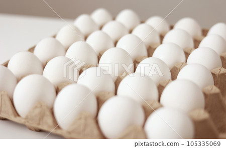 Close Up of raw chicken eggs in paper egg tray on white background. Group of Fresh white Eggs in a cardboard cassette. Organic food from nature good for health. 105335069