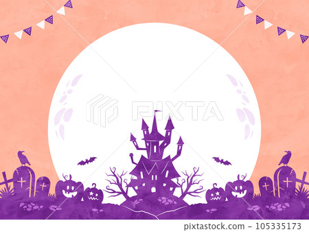 Halloween background frame Castle, moon and pumpkin watercolor illustration (pink) Halloween background frame Castle, moon and pumpkin watercolor illustration (pink) 105335173
