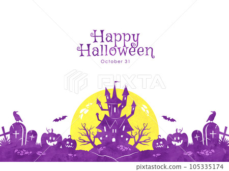 Halloween background frame Watercolor illustration of castle, moon and pumpkin (white background) 105335174