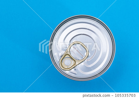Unopened Tin Can with Blank Edge on Light Blue Background Unopened Tin Can with Blank Edge on Light Blue Background 105335703