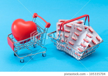 Pills and Capsules in Shopping Basket on Blue Background Pills and Capsules in Shopping Basket on Blue Background 105335704