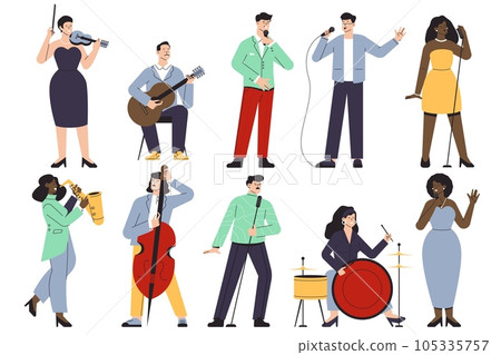 Singers and musicians characters. Cartoon musicians and band members, jazz and rock musicians playing instruments and performing. Vector set 105335757