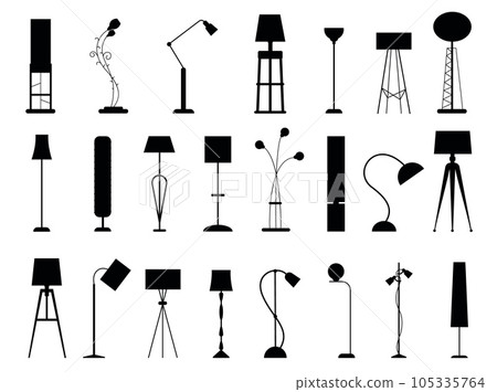 Floor lamp silhouettes. Modern light furniture, office and home decorative light, tall lamps and floor lamps detail. Vector isolated set 105335764