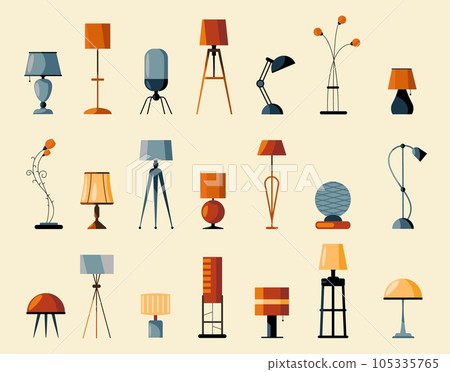 Floor and table lamps. Desk and loft electric light with bulb, room illumination equipment cartoon flat style. Vector isolated set 105335765