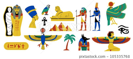 Egyptian symbols set. Ancient egyptian hieroglyphs, papyrus and paper decorative elements, ancient mythology and culture. Vector collection Egyptian symbols set. Ancient egyptian hieroglyphs, papyrus and paper decorative elements, ancient mythology and culture. Vector collection 105335768